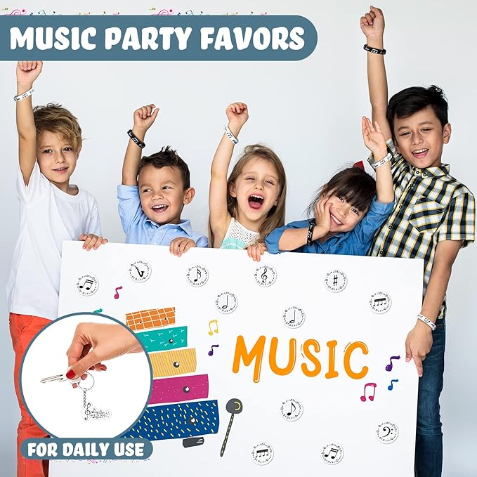 Deekin 187 Pieces Music Party Favors with Music Notes Silicone Bracelets, Metal Note Keychains, Round Label Stickers, Thank You Tags and Sheer Organza Bags for Theme Party Supplies Decorations