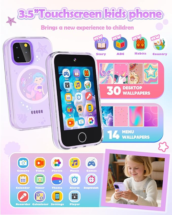 Kids Phone Toys for 3-12 Years Old Girls ,3.5'' Touchscreen Phone for Kids Learning Play Toy with Dual Camera,Video Players,Game,Christmas Birthday Gifts for Girls Age 3 4 5 6 7 8 9