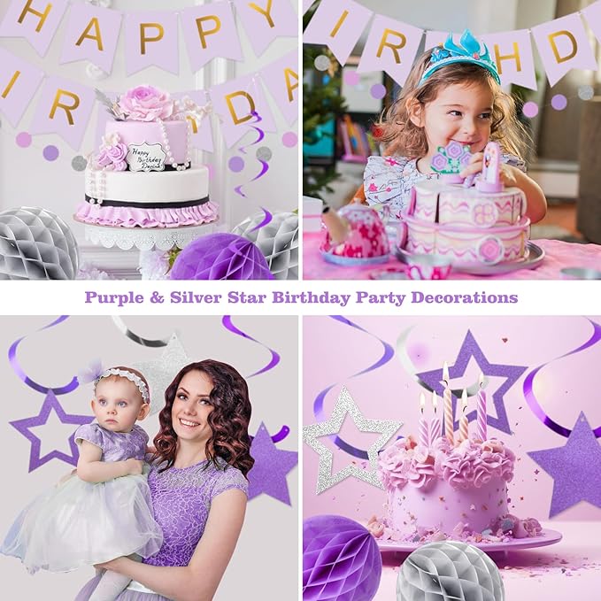 meowtastic Birthday Decorations, Happy Birthday Banner with Honeycomb Balls, Star Hanging Swirl Streamers, Circle Dot Garland, Happy Birthday Party Decoration for Women Men Boys Girls (Purple&Silver)