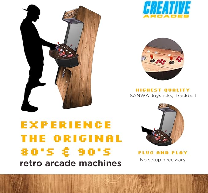 Creative Arcades Full-Size Commercial Grade Cabinet Arcade Machines | Stools Included | Slim Woodgrain Edition | 32" Screen (4500 Games (4-Player), Light Pine Man Cave)