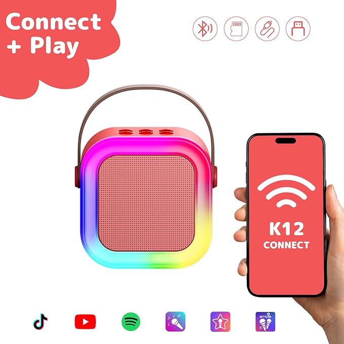 Fede Karaoke Machine for Kids Adults, Mini Karaoke Machine with 2 Wireless Microphones, Portable Bluetooth Speaker with Voice Changing Effects & LED Lights, Best Gifts Toys for Girls and Boys