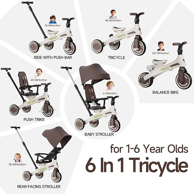 Winhope Kids Tricycle, 6 in 1 Baby's Tricycle Toddler Trike with Adjustable Push Handle, Reversible Seat and Canopy, Baby Stroller for 1-6 Year Olds, Suitable for Outdoor Activities(Coffee)