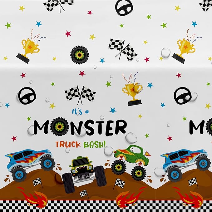 Monster Truck Birthday Decorations Tablecloth - Disposable Monster Truck Birthday Party Supplies Table Cover for Kids - 3 Pack (54in x 108in)