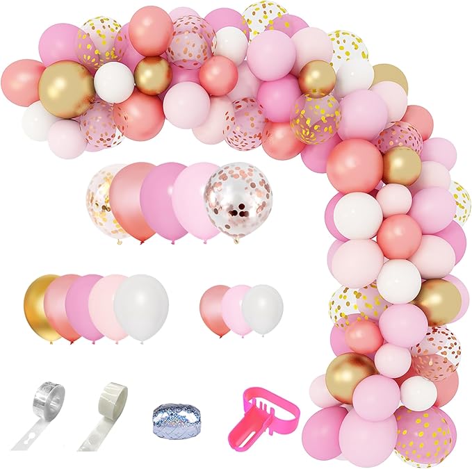 Amandir 164Pcs Rose Gold Pink Balloons Garland Arch Kit Light Pink Gold White Confetti Latex Metallic Balloons for Valentines Day Birthday Decorations Baby Shower Wedding Graduation Party Decorations