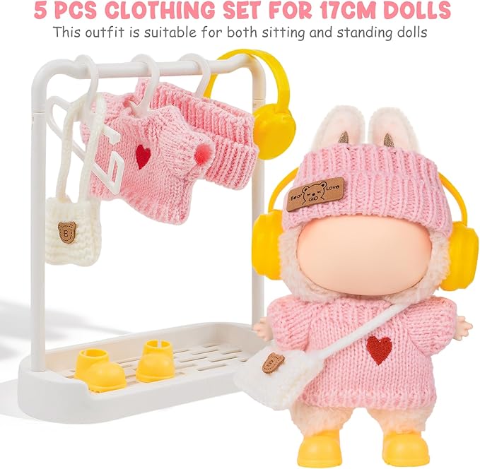 17cm Doll Clothes Accessories - Pink Knit 5-Piece Outfit (No Doll) with Mini Hat, Ear Muffs, Shoes, Bag for 6.7 Inch Dolls Doll Clothing