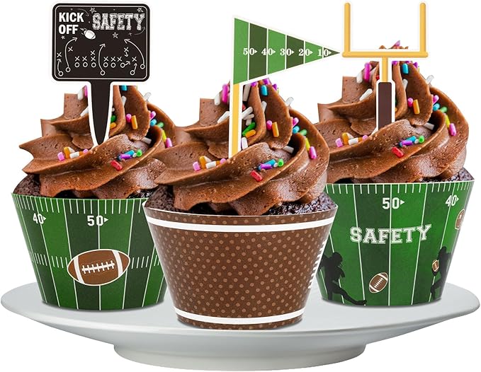 48 Pack Football Cupcake Toppers and Wrappers, Rugby Touchdown Cake Decoration for Football Theme Birthday Party Sports Game Day Party Supplies