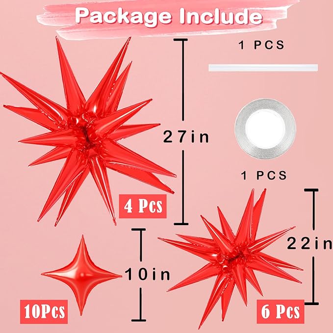 20 Pcs Star Balloons 27”22”Explosion Foil Balloon- 12 Point Red Spike Balloons and Four Pointed Star Balloon for Party Supplies Christmas Birthday Wedding Photo Booth (Red)