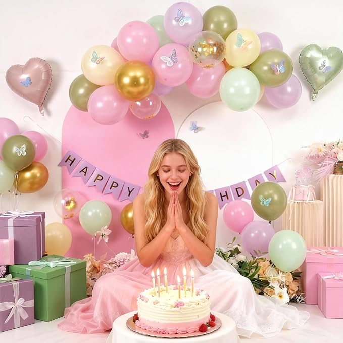 Fairy Birthday Decorations for Women Girls,Fairy Themed Party Decorations Sage Green Purple Pink Yellow Balloons Happy Birthday Banner Girls Butterfly Birthday Decor Spring Tea Party Supplies