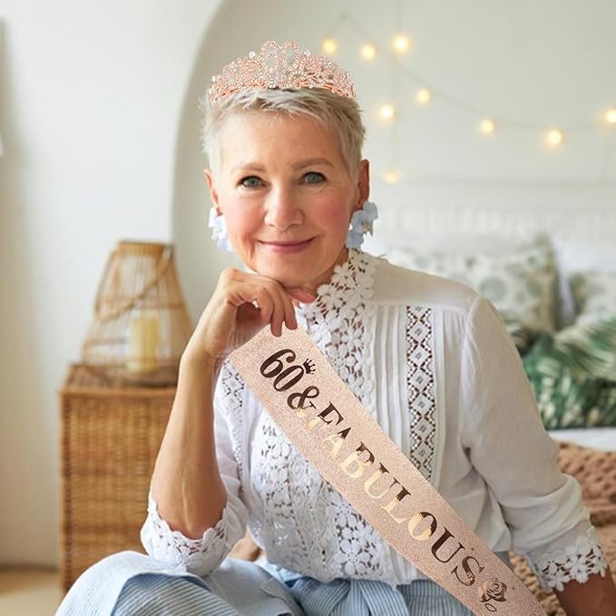 Semato 60th Birthday Decorations for Women- Birthday Crown and Sash Glitter Kit Gifts for Women Party Supplies and Favors (60th)