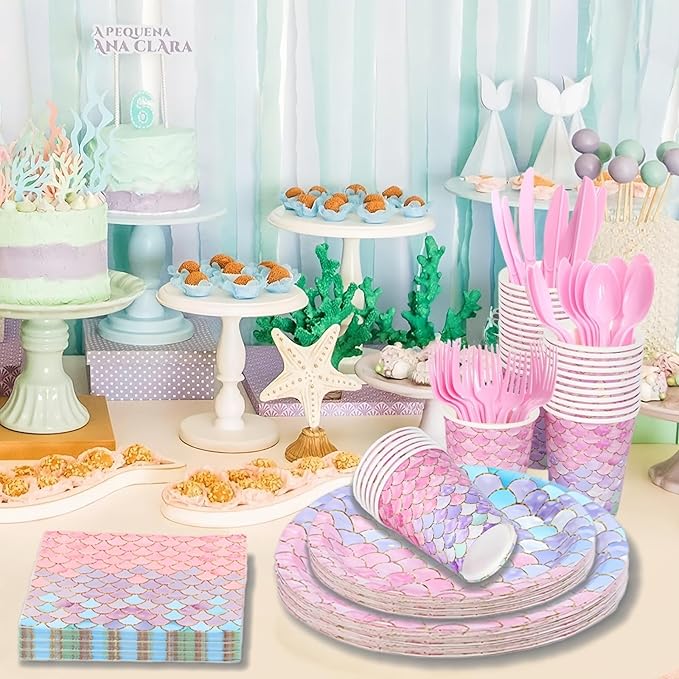 168 Pcs Mermaid Birthday Party Decorations Plates Set for 24 Guests, Little Mermaid Party Supplies Ocean under the Sea Party Plate Napkins Knives Forks Spoons Cups for Princess Girls