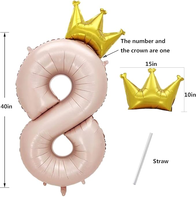 Giant Pale Pink 8 Number Crown Balloons 40 Inch Light Pink 8 Mylar Helium Large Crown Digital Balloon Baby Pink Birthday Numbers Balloons 8th Birthday Kids Theme Party Decoration Supplies