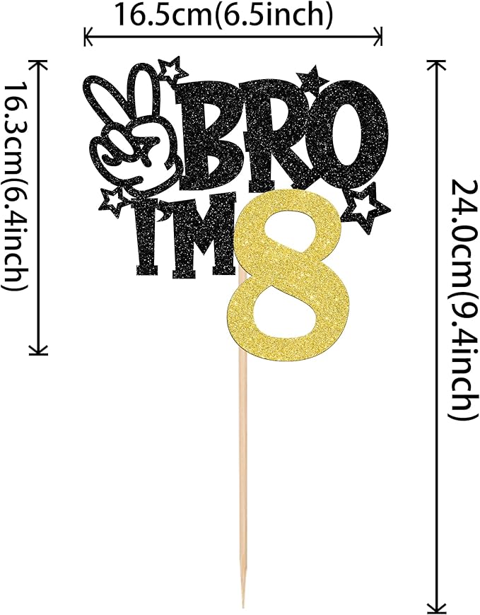 1 PCS Brother I'm 8 Cake Topper Glitter Star Happy 8th Birthday Cake Pick Bro I'm 8 Cake Decoration It's My 8th Birthday Decorations for Boys Cheers to 8 Years Old Birthday Party Supplies Gold