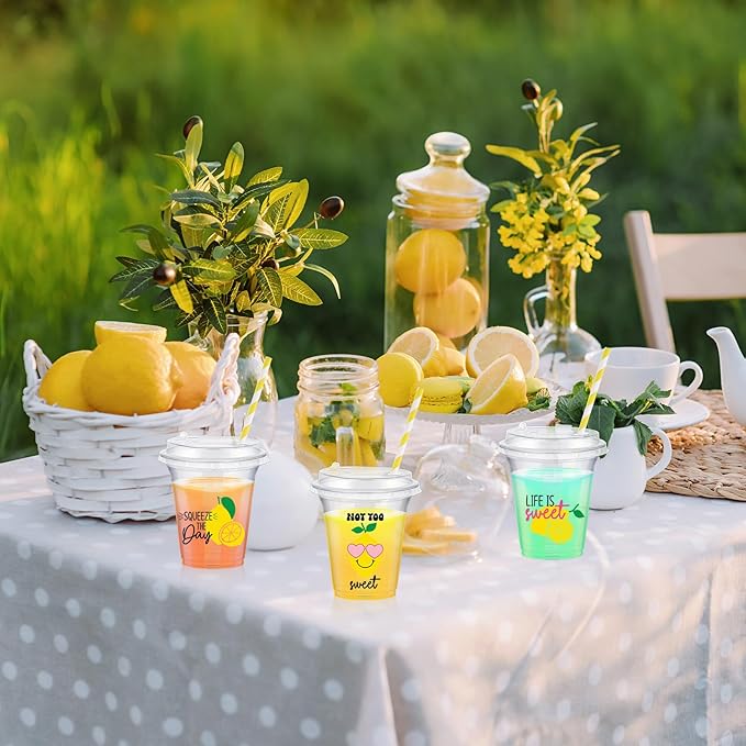 Boao 36 Sets Lemon Plastic Cups with Lids and Paper Straws 14 oz Yellow Lemon Birthday Party Supplies Beverage Drinking Cups Bulk for Summer Citrus Fruit Party Birthday Baby Shower