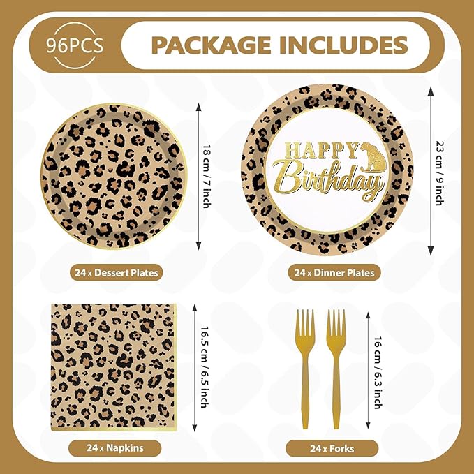 Grencian 96 Pcs Cheetah Print Birthday Decorations Leopard Print Party Supplies Brown Leopard Plates and Napkins Safari Themed Paper Plates for Birthday Jungle Safari Cheetah Theme Party Serves 24