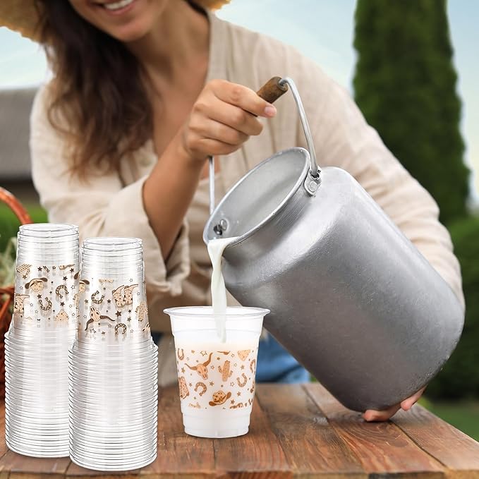 100 Pcs Western Plastic Cups 12 oz Clear Disposable Plastic Cowboy Cowgirl Drinking Cups Bulk for Boho Preppy Baby Shower Birthday Wild West Party Decoration Supplies(Western Cowboy,Brown)