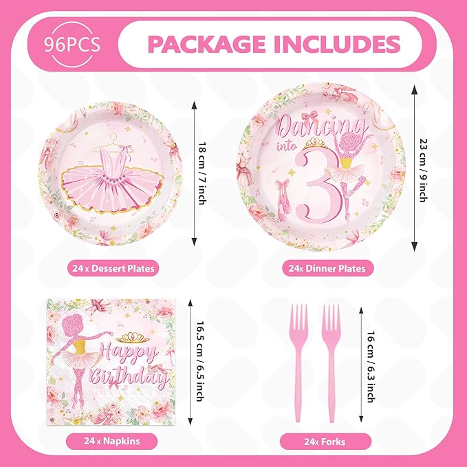 96Pcs Ballerina 3rd Birthday Decorations Cute Ballet 3rd Birthday Plates and Napkins Tableware Sets Ballerina Theme Party Decorations Favors for Girls Ballet Dancing Dancer Party Supplies Serves 24