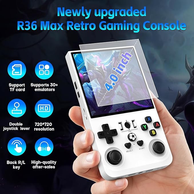 R36MAX Retro Game Console, 4.0 inch Retro Gaming Console with 128GB Memory, Video Game Consoles with 4000mAh Battery White