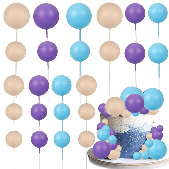 Gyufise 30Pcs Balls Cake Toppers - Ball Shaped Cupcake Toppers & Mini Balloons Cake Decorations for Baby Shower & Birthday Party Supplies - Khaki, Purple, Deep Blue