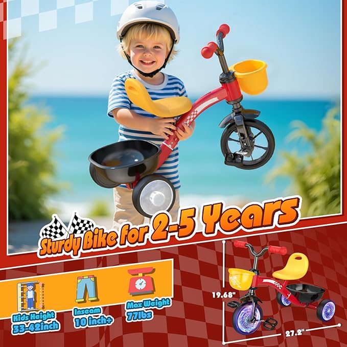 Toddler Tricycle for 1-3 3-5 Year Olds, 2 3 4 5 Year Old Boys Girls Birthday Gifts, Toddler Baby Bike, Outdoor Toys for Ages 2-4, 4-Level Adjustable Seat, 3 Colorful Lighting Wheels, 2 Baskets