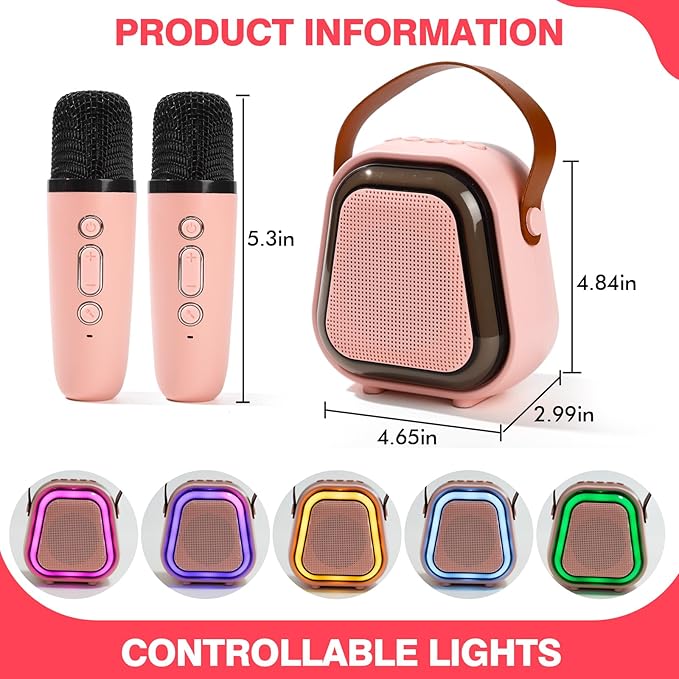 Mini Karaoke Machine for Kids, Karaoke Speaker with LED Lights, Portable Bluetooth Entertainment System with 2 Microphones, Dynamic Color-Changing Effects for Kids (Pink+2 Mic)