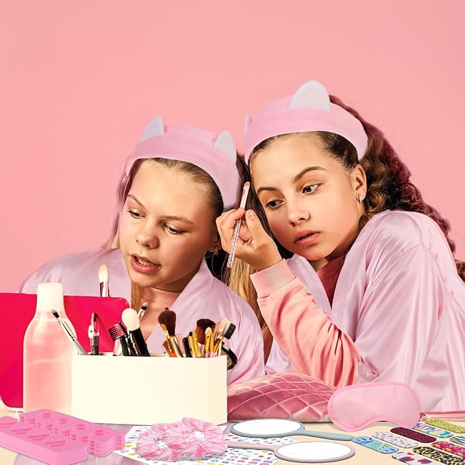122 Pcs Pink Girls Spa Party Kit, 10-Pack Slumber Party Favors with Satin Robes, Tote Bags, and Nail Salon Accessories for Kids Spa Birthday, Halloween, Home Party Supplies