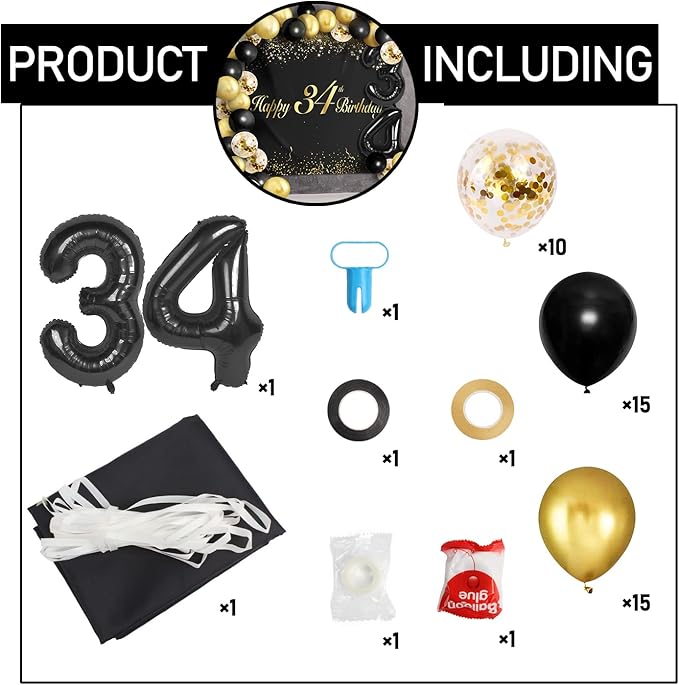 Happy 34th Birthday Balloons Black Set Decor - Cheers to 34 Years Old Party Theme Garland Banner Backdrop Decorations For Women and Men Supplies