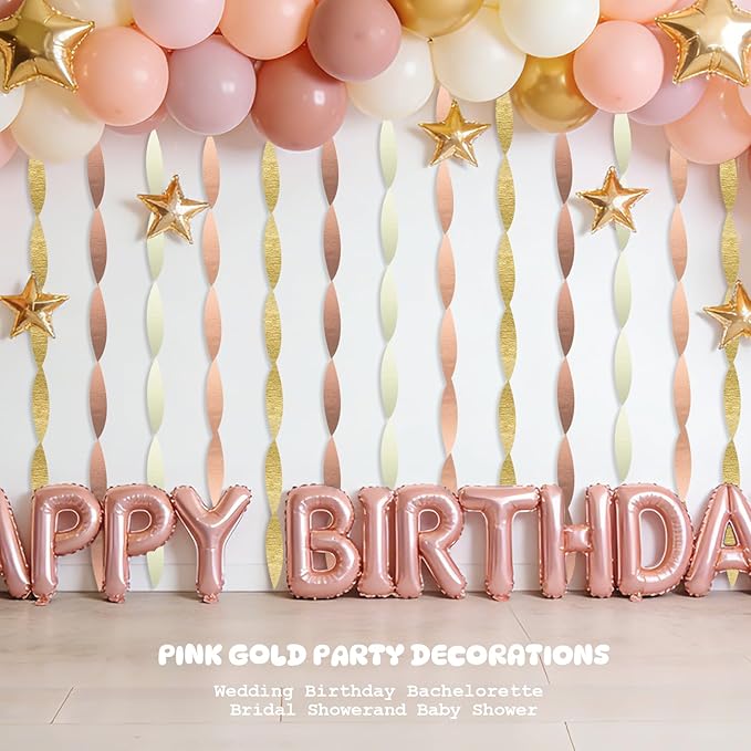 AOYOO Rose Gold Pink Streamers - 6 Rolls Metallic Gold & Blush Crepe Paper Streamer Decorations for Birthday, Wedding, Bridal Shower, Baby Shower, Bachelorette - Elegant Boho Hanging Backdrop Decor