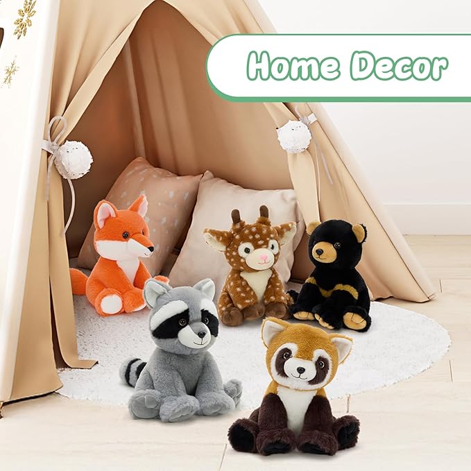 MaoGoLan 5 Pcs Woodland Animals Plushies Bulk Stuffed Woodland Toys Baby Shower Decorations, 8'' Grizzly Bear Deer Fox Raccoon Red Panda Forest Party Favors Easter Valentines Gifts for Girls