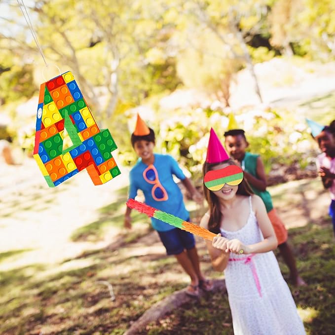 Hooqict Building Blocks 4th Birthday Party Decorations Number 4 Pinata with Pinata Stick & Blindfold for Kids Girls Boys Happy Birthday Building Block Theme Party Supplies Carnival Games