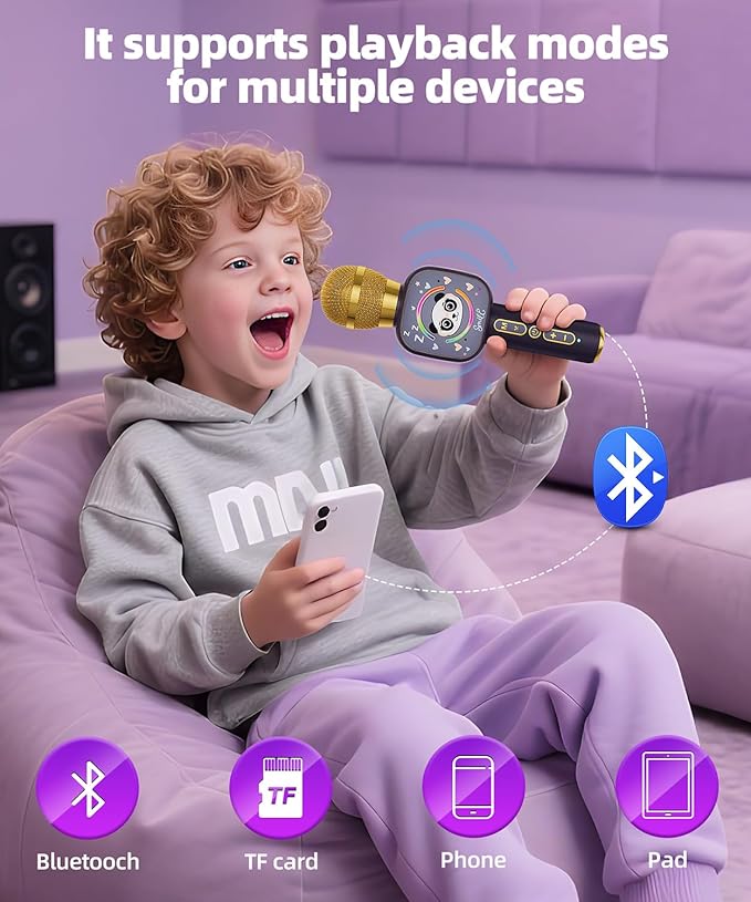 Bluetooth Karaoke Microphone Toy for Kids - Mini Portable Speaker with LED Lights, Wireless Pairing (TWS) for Duet Singing, Christmas Birthday Gift Toys for Boys & Girls Ages 2-12 (purple - 1)