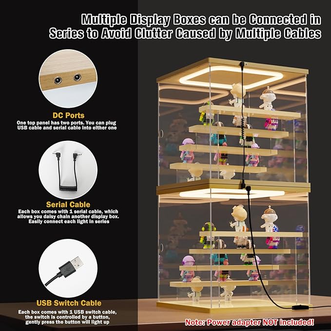 Nynelly Acrylic Lighted Display Case for Collectibles, 5 Tier Figure Display Box with Door and Steps, Assemble Dustproof LED Showcase Storage Box for Mini Figures, Funko Pop, Toys, Wood Color