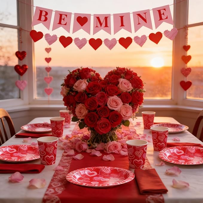 Valentine's Day Party Supplies Serve 24, 97 Pcs Hot Heart Love Disposable Paper Plates Napkins Cups Plastic Tablecloth with Banner for Valentine's Day, Engagements, Anniversary, Birthday Party