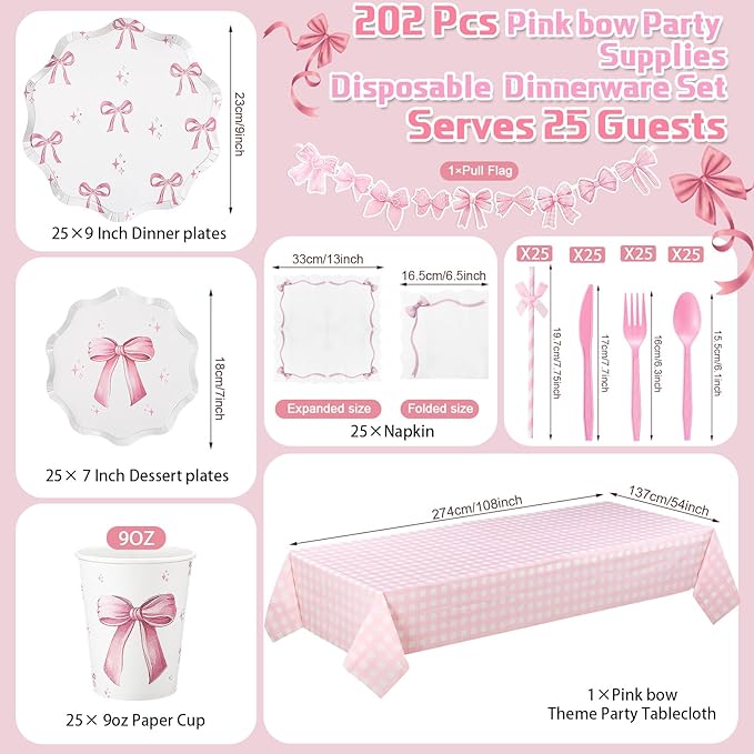 Sawysine 202 Pcs Pink Bow Party Supplies Serve 25 Disposable Dinnerware Set Coquette Birthday Decoration, 50 Bow Plates 25 Cups 25 Napkins 25 Plastic Forks 25 Knives 25 Spoons 25 Straw Flag Tablecloth
