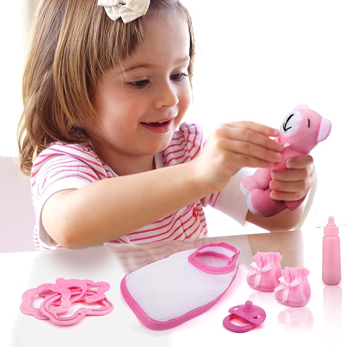 deAO 40 Piece Baby Doll Accessories Bag with Baby Feeding Accessories, Clothes, Doll Bear, Bath Toys, Soother Dummy and Much More - Great Nurturing Pretend Toy for Kids