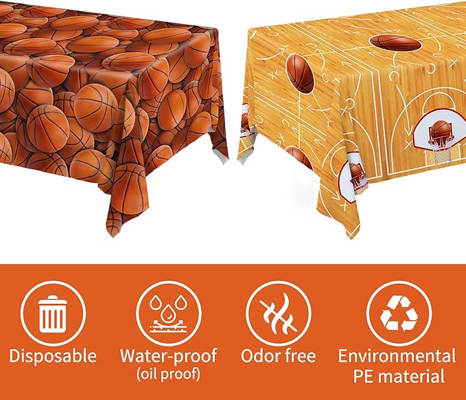 Basketball Party Supplies Set: Basketball Party Decorations & Party Favors, Includes 2-Pack Basketball -Themed Tablecloths for Kids 1st Birthday, Basketball Disposable Table Covers 54 x 108 Inch