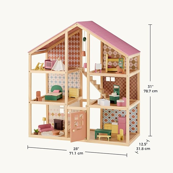 Tiny Land Wooden Dollhouse for Girls - 6 Rooms Wooden Doll House, DIY Pretend Doll House with 31Pcs Furniture Accessories, Creative Gift for Girl Ages 3+ (Dusty Pink)