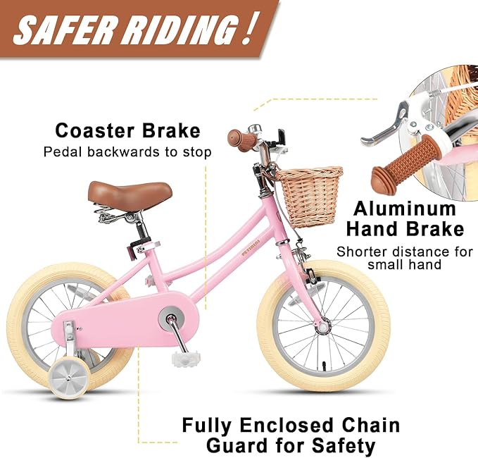 Petimini Vintage Kids Bike for Girls, 12–20 Inch Classic Bicycle with Wicker Basket & Bell, High Tensile Steel Frame, Training Wheels (12–18”), 85% Pre-Assembled, Retro Bike for Outdoor Riding