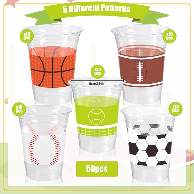 50Pcs Sports Party Decoration Cups, 12Oz Sports Plastic Disposable Cups for Kids Football Soccer Basketball Baseball Birthday Party Decorations Supplies Favors