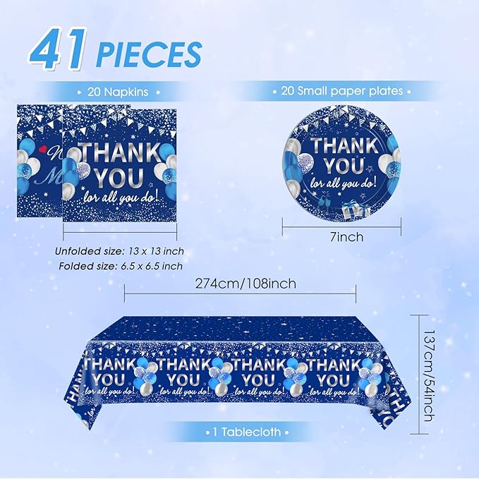 41Pcs Blue Silver Thank You Decorations Thank You for All You Do Tableware Disposable Paper Plates Napkins Tablecloth丨Teacher Employee Staff Doctors Nurse Pastor Appreciation Week Party Decor