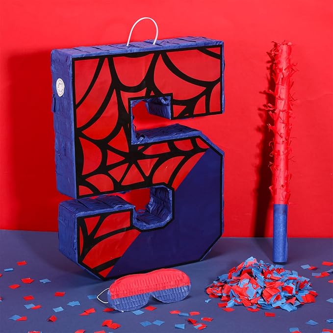Number 5 Pinata for 5th Birthday Party Decorations, Perfect for 5th Birthday Party Supplies, Fiesta, Anniversary Celebration, Birthday Pinata with Stick Blindfold Confetti Large 16 x 11.8 x 3.2 Inches