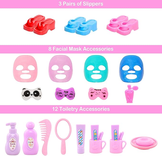 27 Pcs Doll Sleeping Clothes Accessories Including 4 Sets Bathrobes Pajamas, Towels, Headband, 12 Toiletries, 8 Accessories, 3 Slippers for 11.5 Inch Girl Dolls Sleeping Storytelling Playset