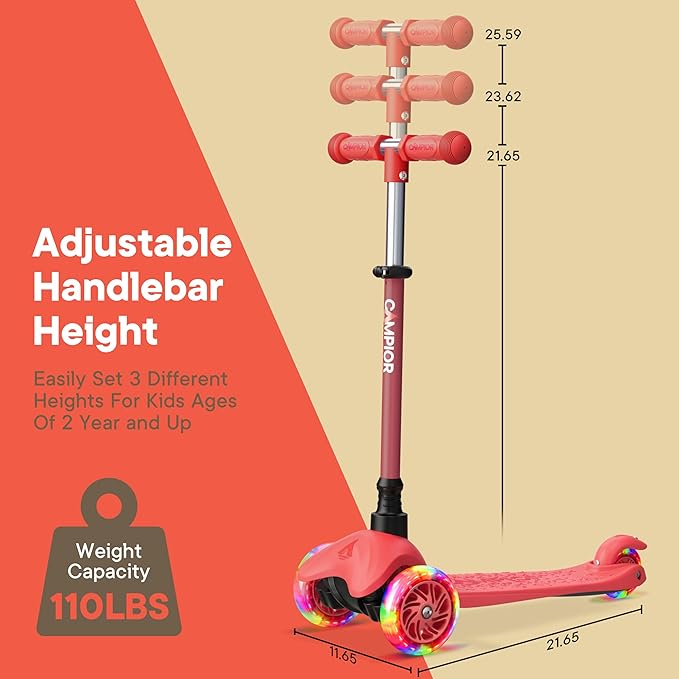 Red Mini 3 Wheel Scooter for Kids – Lean-to-Steer with LED Light-Up Wheels, Adjustable Handlebar, Wide Anti-Slip Deck, Smooth PU Wheels, Rear Foot Brake – Toddler Scooter for Ages 2+