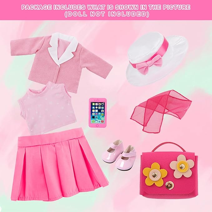 18 Inch Doll Clothes and Accessories, 8 Pcs Girl American Doll Clothing Includes Blazer Vest Pleated Skirt Hat Scarf Handbag Shoes Mobile Phone Travel Gear Play Set Birthday Gift for Age 3 4 5 6 Girls