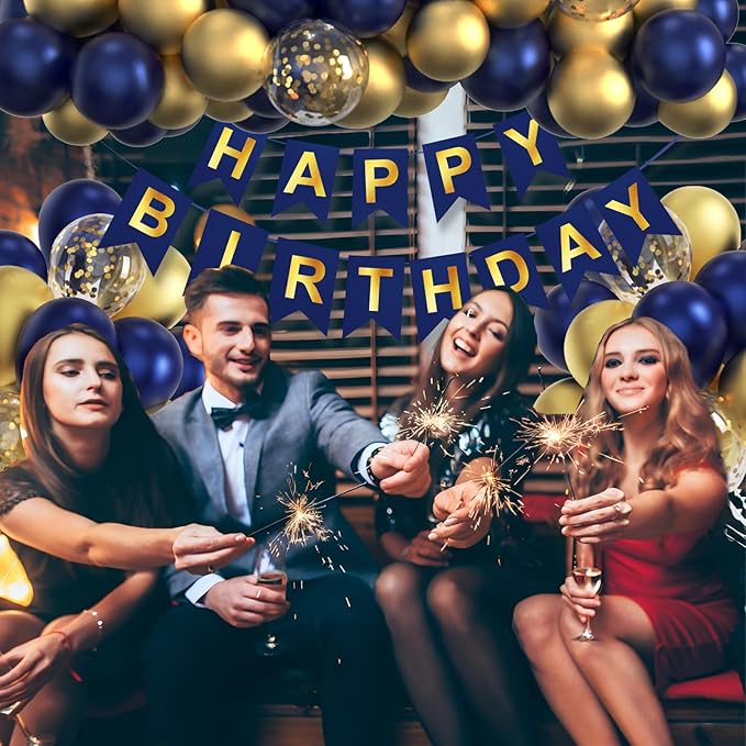 Navy Blue Birthday Party Decorations for Men Decor 100pcs Gold and Navy Blue Balloons Garland Arch Kit Pre-Strung Happy Birthday Banner Girls 16th 18th 30th 40th 50th 60th 70th 80th 90th for Boys