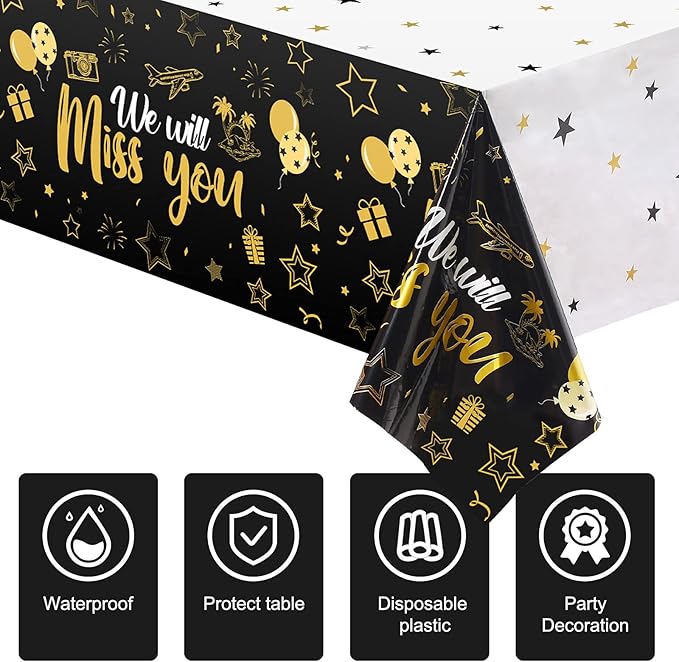 Tatuo 3 Pieces We Will Miss You Tablecloth Going Away Party Decorations Retirement Themed Table Cover Stars Disposable Plastic Table Cloth for Farewell Anniversary Party Supplies (Gold)