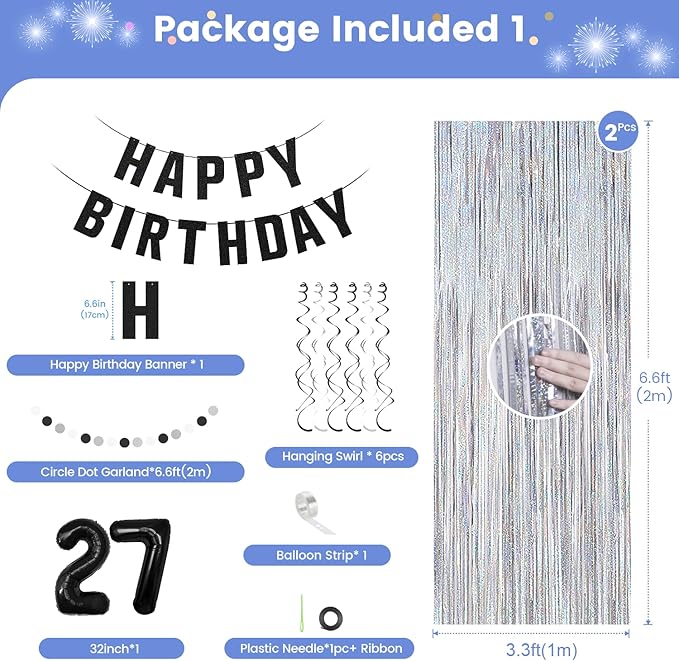 27th Birthday Decorations for Boys Girls, Silvery and Black Happy 27th Birthday Banner,Number 27 Balloons Arch Kit for 27 year old Party Decorations