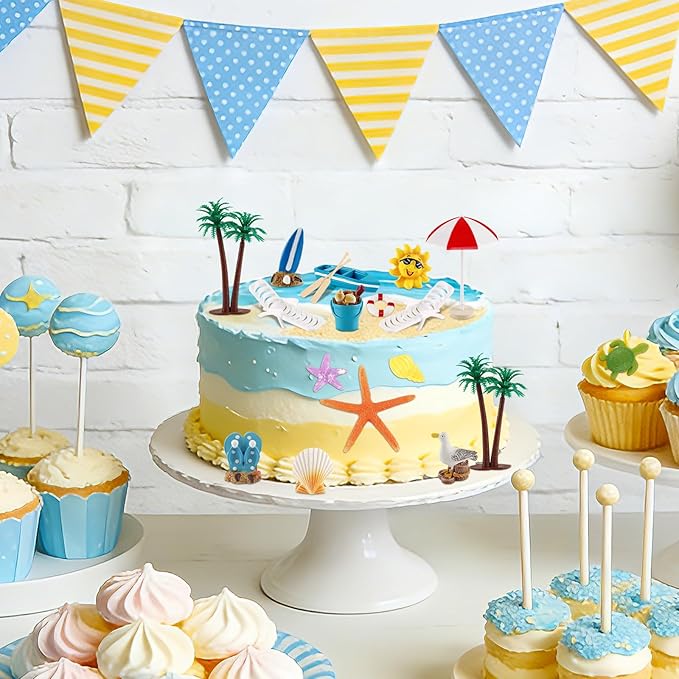 Hooqict 19Pcs Beach Cake Decorations Set with Mini Coconut Tree, Seashell, Sea Animals, Pool Beach Cake Toppers & Cupcake Toppers for Summer Tropical Hawaiian Luau Birthday Party Decorations Supplies