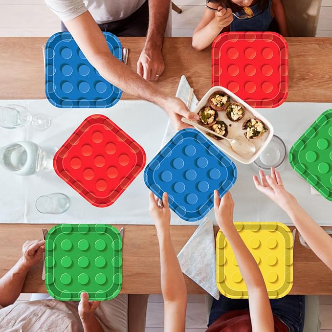 48pcs Building Block Party Supplies Building Bricks 7inch Birthday Paper Plates Birthday Party Supplies Colorful Paper Dessert Plates for Kids