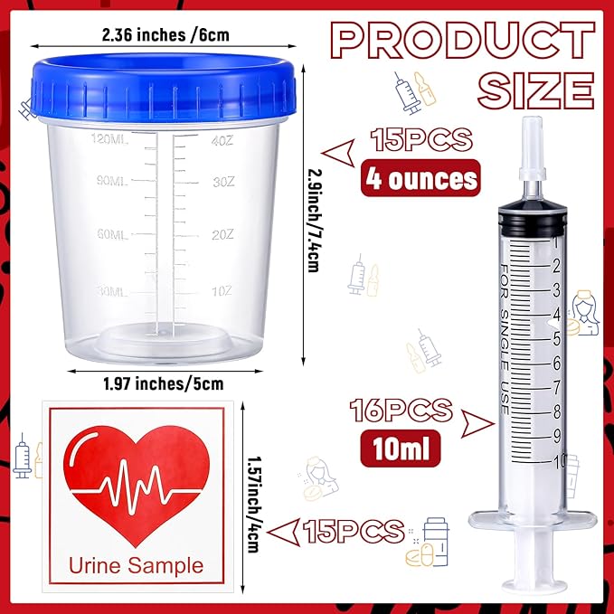 46 Pcs Nursing Graduation Party Supplies Set Plastic Syringe Urine Sample Cups with Lids Sticky Label for Nurse Congrats Grad Favors Bsn Rn Lpn Party Decorations