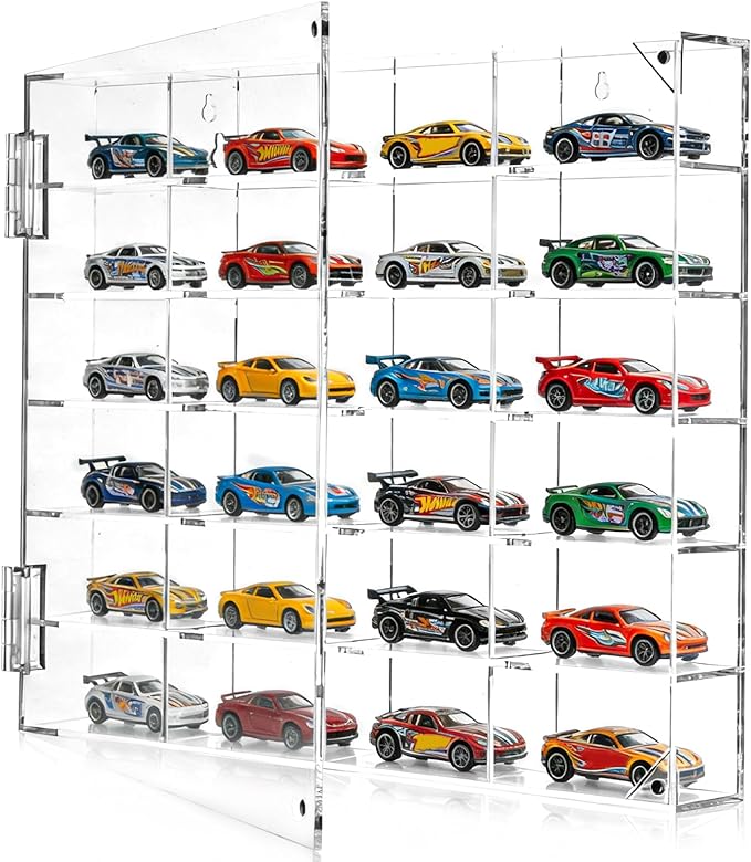 Acrylic Display Case for Hot Wheels 1/64 Scale, 24 Slots Toy Car Display Organizer Wall Mount or Desktop Diecast Model Car Showcase for Matchbox Storage Clear Collectible Model Storage